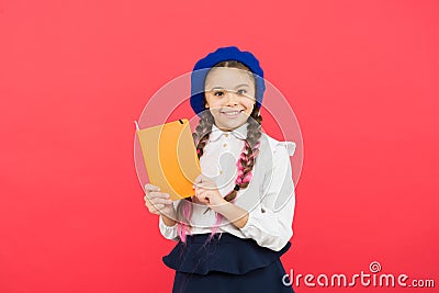 French language. learning french. happy child in uniform. little girl in french beret. Education abroad. kid fashion Stock Photo