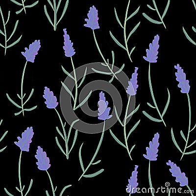 French lavender decorative pattern isolated on black background. Seamless pattern for fabric, paper and other printing Stock Photo