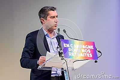 French left-wing politician François Ruffin giving a speech at a rally Editorial Stock Photo