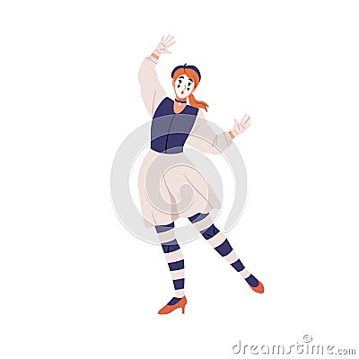 French mime, female actress performing pantomime. Comic mimic artist, comedian. Woman in beret playing silent dumb Vector Illustration