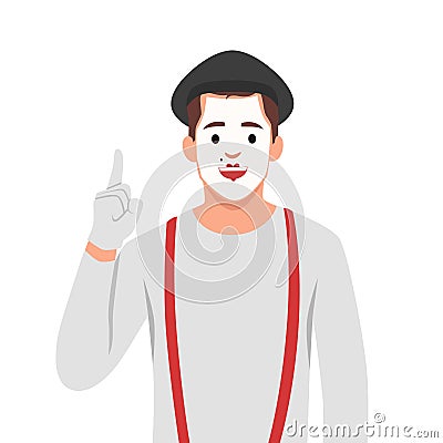 French mime icon, A mime shows a full length pantomime pointing his finger up Cartoon Illustration