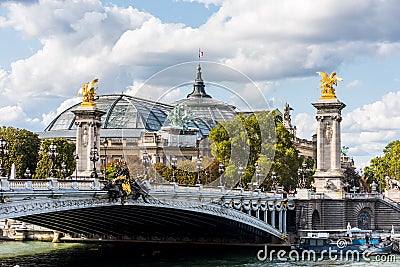 French National Flag on The Grand Palais on the bank of Seina River in Paris, currently the largest existing ironwork and glass Editorial Stock Photo