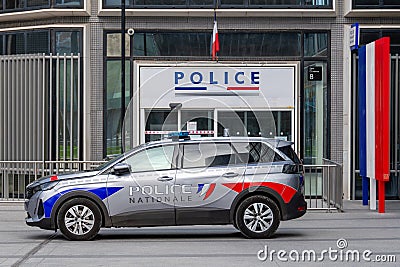 French national police patrol vehicle parked in front of a police station Editorial Stock Photo