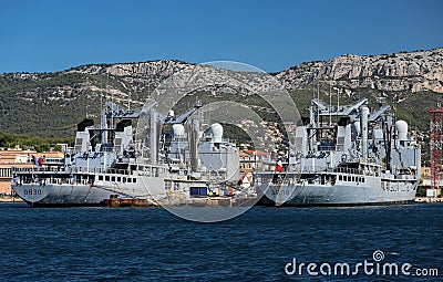 The French Navy replenishment ships Var and Marne docked in Navy base at the harbor of Toulon, France. Editorial Stock Photo