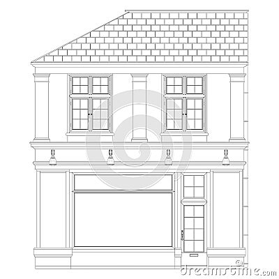 French old Building Facade Coloring page. Two-story front view with large windows. European architecture Cartoon Illustration