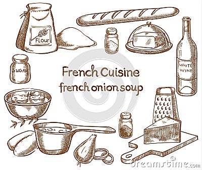 French onion soup, ingredients Vector Illustration