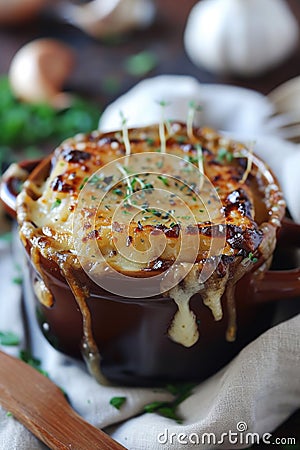 French Onion Soup with Melted Cheese Stock Photo