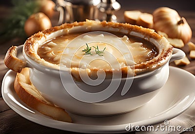 French onion soup on the table close-up Stock Photo