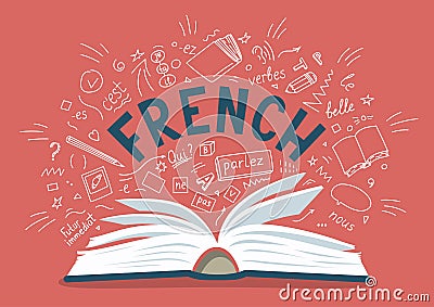 French. Open book with language hand drawn doodles and lettering. Vector Illustration