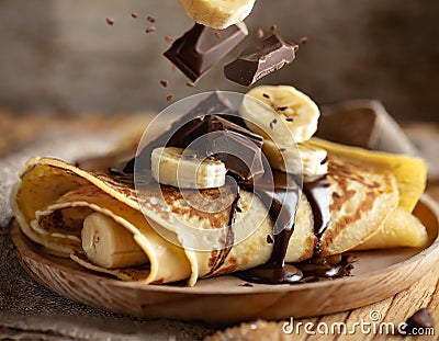 French crepes with bananas, topped with dark chocolate. Sweet breakfast. Wooden table Stock Photo