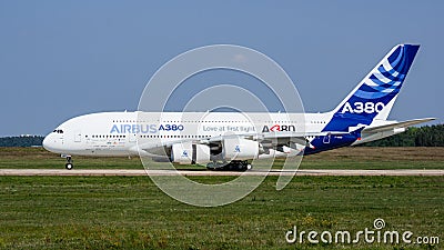 French passenger four-engine wide-body aircraft Airbus A-380 after landing moves along the runway of the Gromov airfield. Editorial Stock Photo