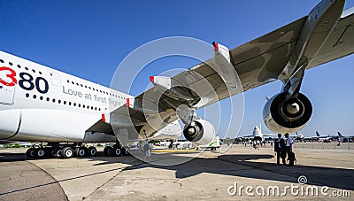 French passenger four-engine wide-body aircraft Airbus A-380 at static parking of Gromov Flight Research Institute. Close-up. Editorial Stock Photo