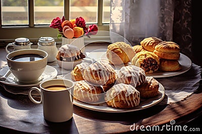 french pastries with coffee on a bistro table Stock Photo