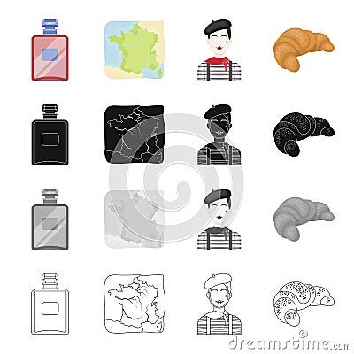 French perfume, the territory on the map, the image of the Frenchman, the croissant.France set collection icons in Vector Illustration