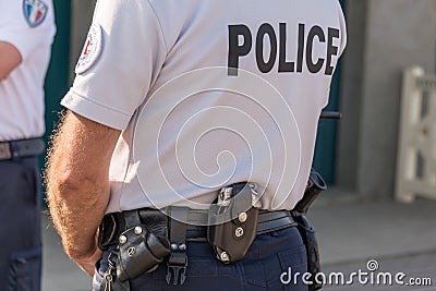 French police close up, security, emergency state concept Stock Photo