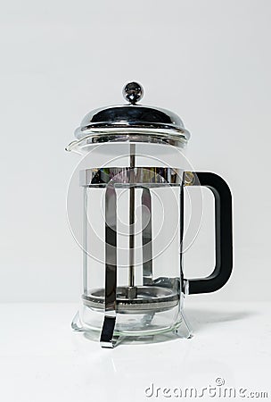 French press coffee maker with black handle on white Stock Photo