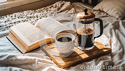 a french press relaxing sunday coffee break bed sheets breakfast domestic casual relaxation relax happiness flavorful caffeine Stock Photo