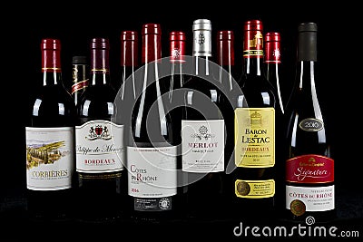 French Red Wine Selection With a Dark Background Editorial Stock Photo