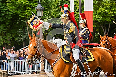 French Republican Guards during the ceremonial of french national day on July 14, 2014 in Paris, Champs Editorial Stock Photo