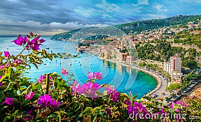French Riviera coast with medieval town Villefranche sur Mer, Nice, France Stock Photo