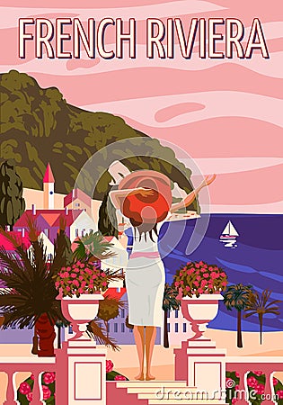 French Riviera Nice coast poster vintage. Woman on vacation, resort, coast, sea, beach. Retro style illustration vector Vector Illustration