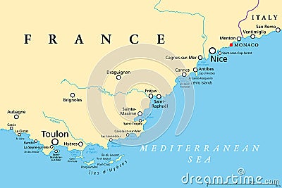 French Riviera, Cote dAzur, a Mediterranean coastline, political map Vector Illustration