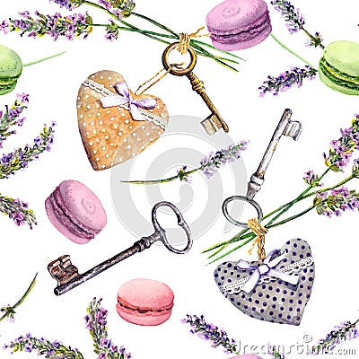 French rural background - lavender flowers, macaroon cakes, vintage keys, textile hearts. Seamless pattern. Watercolor Stock Photo