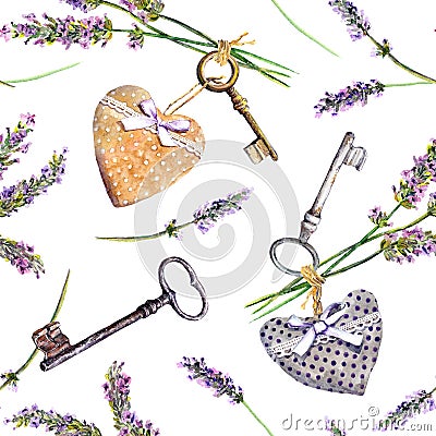 French rural background - lavender flowers, vintage keys, textile hearts. Seamless pattern, country style of Provence Stock Photo