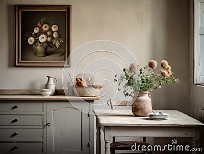 French rural cottage style kitchen filled with natural light and antique wooden finishes. Natural finishes for comfortable family Stock Photo