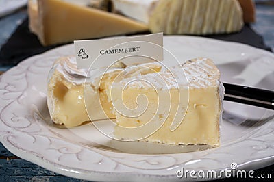 French cheese Comte, three varieties 1 year matured Prestige, fruity flavoured Fruite and Vieille Reserve Stock Photo