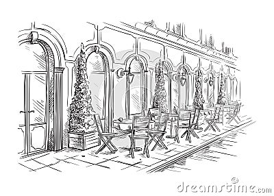 French Street Cafe, Hand drawn Vector Vector Illustration