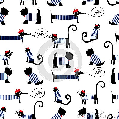 French style animals seamless pattern. Cute cartoon parisian dachshund, cat and scottish terrier vector illustration. Vector Illustration
