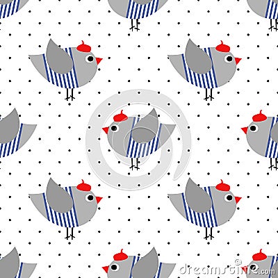 French style birdie seamless pattern on polka dots background. Cartoon parisian bird vector illustration. Vector Illustration