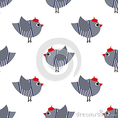 French style birdie seamless pattern on white background. Cute cartoon bird vector illustration. Vector Illustration