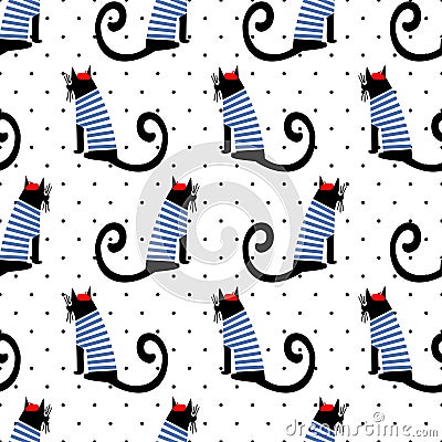 French style cat seamless pattern on polka dots background. Cute cartoon sitting cat vector illustration. Vector Illustration