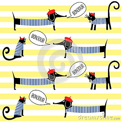 French style cats and dogs saying bonjour seamless pattern on striped background. Vector Illustration
