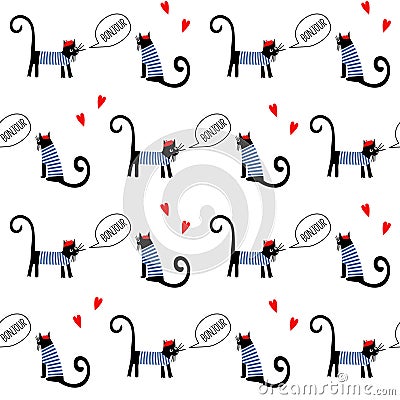 French style cats saying bonjour seamless pattern. Cute cartoon parisian kitty vector illustration. Vector Illustration