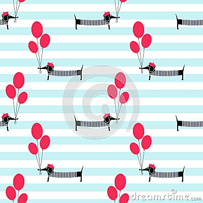 French style dog holding balloons seamless pattern on striped background. Vector Illustration