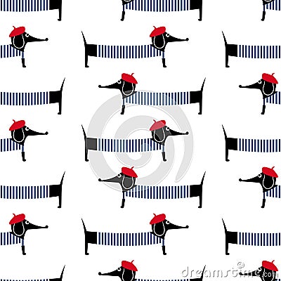 French style dog seamless pattern. Cute cartoon parisian dachshund vector illustration. Vector Illustration