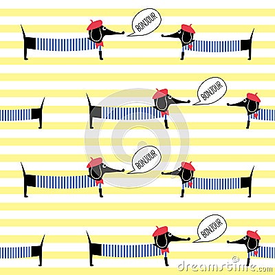 French style dogs saying bonjour seamless pattern on striped background. Vector Illustration