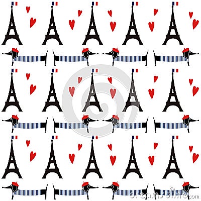 French style dogs with tour Eiffel seamless pattern. Cute cartoon parisian dachshund with Paris symbol illustration. Vector Illustration