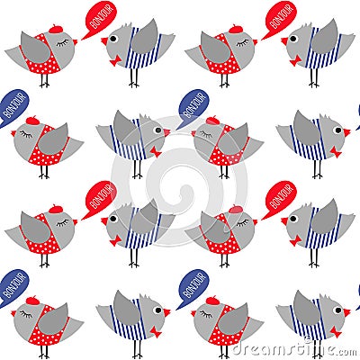 French style dressed birds saying bonjour (hello) seamless pattern on white background. Vector Illustration