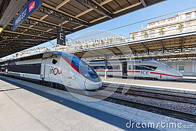 French TGV and German ICE high-speed train Paris Est railway station in France Editorial Stock Photo