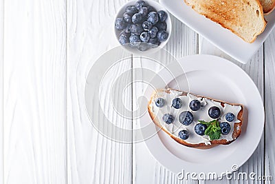 French toast with cheese and blueberries. Healthy breakfast Stock Photo
