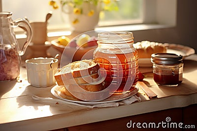 French toast with homemade honey in sunlit kitchen. Breakfast on a plate on sunny day Stock Photo