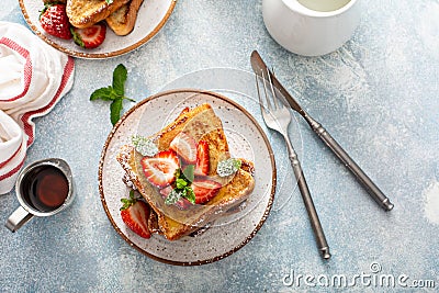 French toasts with strawberry and powdered sugar Stock Photo