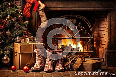It is a French tradition for children to leave their shoes by the fireplace in the hope that Santa will fill them with Stock Photo