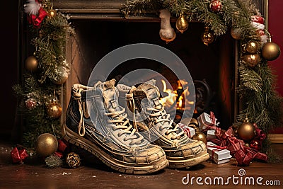 It is a French tradition for children to leave their shoes by the fireplace in the hope that Santa will fill them with Stock Photo