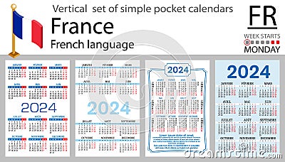 French vertical set of pocket calendar for 2024. Week starts Monday Vector Illustration