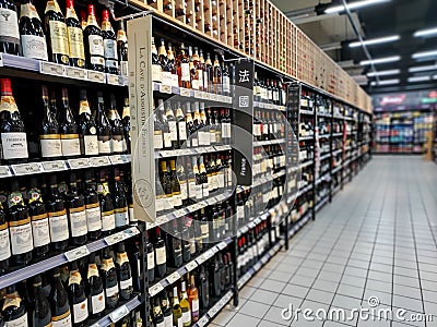 French wine section of a supermarket, Western wine section. Editorial Stock Photo